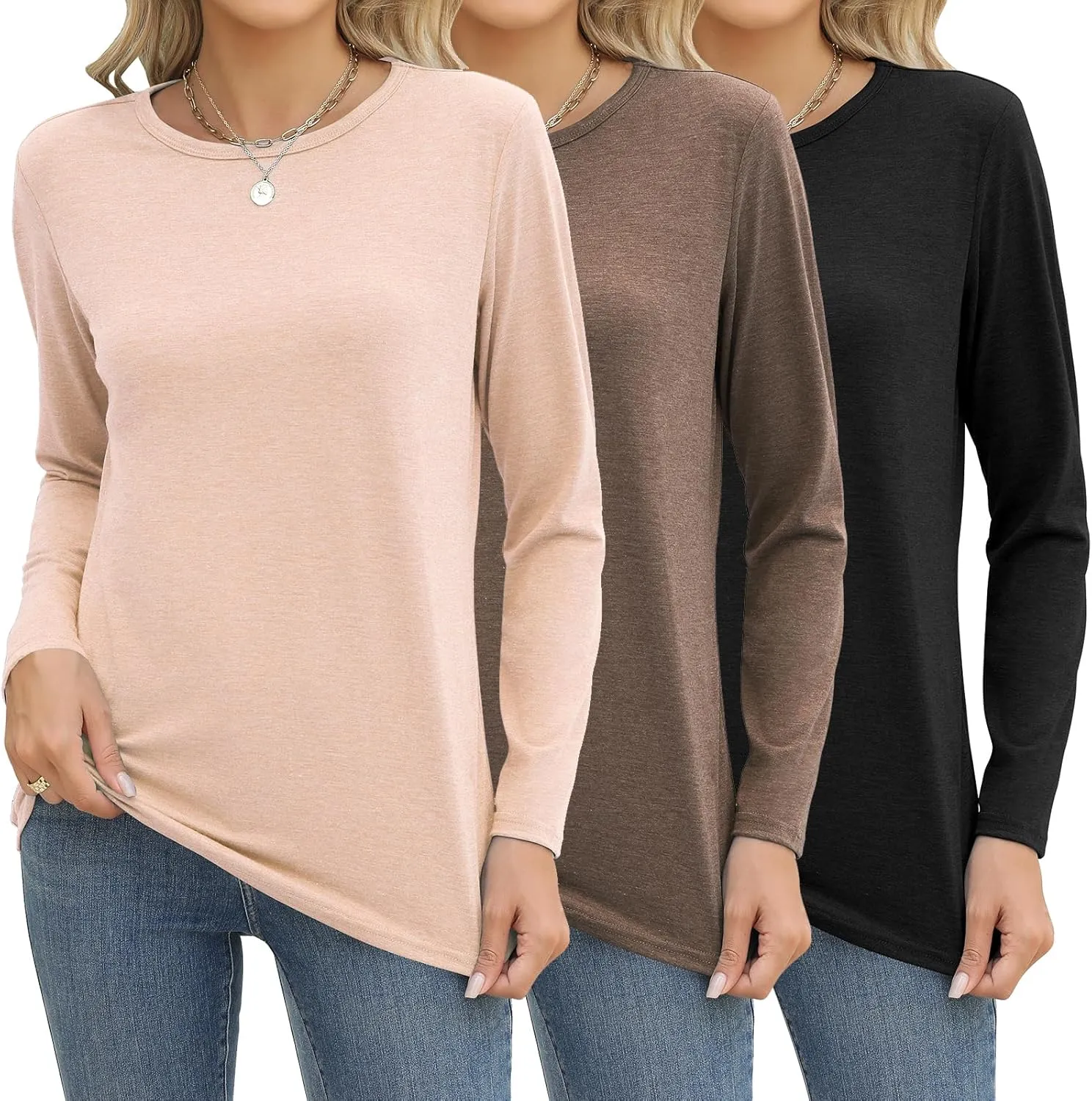 Zeagoo 3 Pack Long Sleeve Shirts for Women Casual Soft Crewneck Basic Tee Tops Fall Outfit Clothes