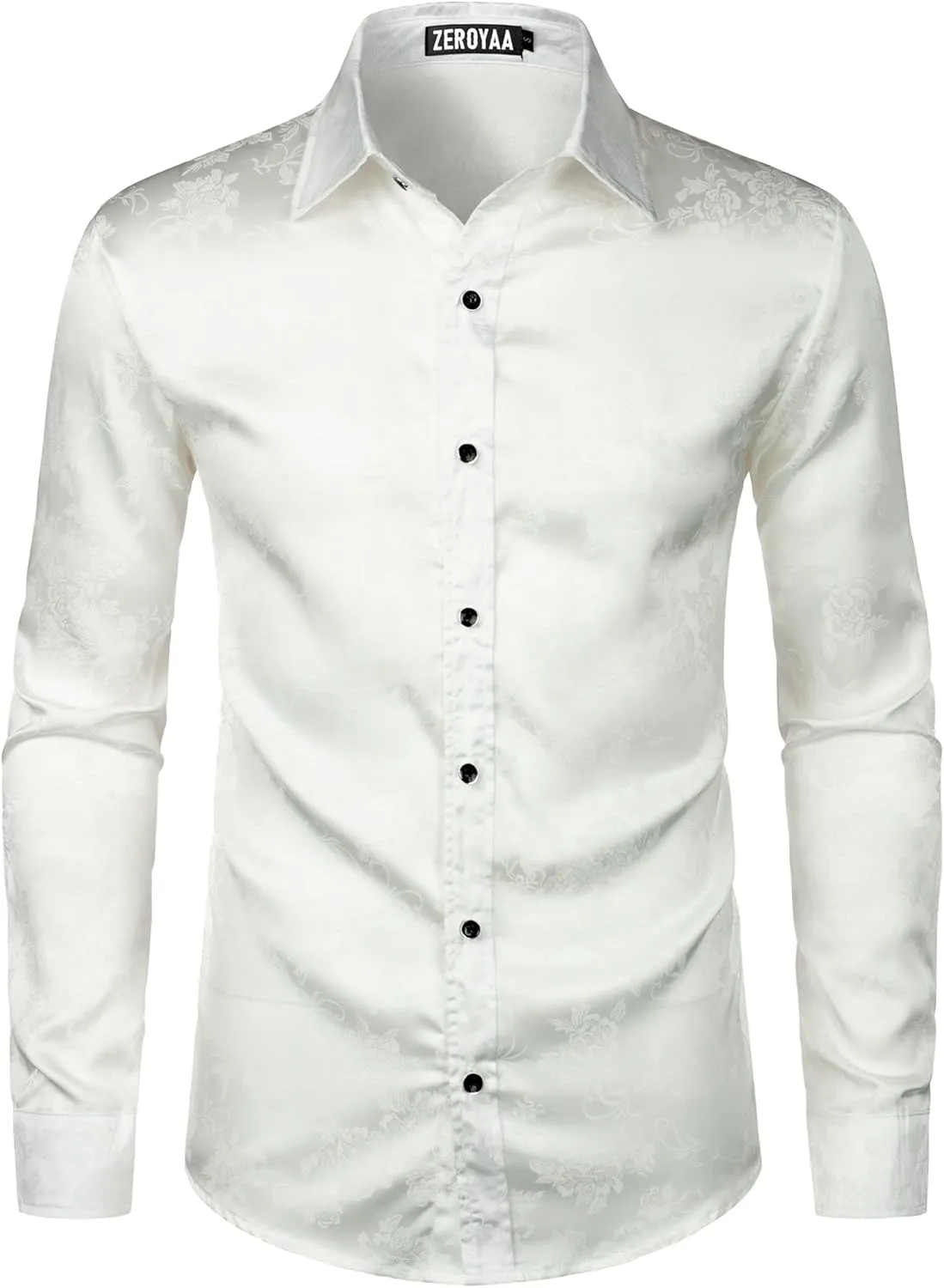 ZEROYAA Men's Hipster Jacquard Long Sleeve Satin Silk Like Button Up Dress Shirts for Party Prom