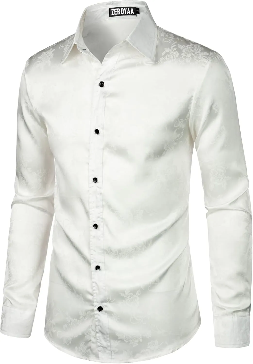 ZEROYAA Men's Hipster Jacquard Long Sleeve Satin Silk Like Button Up Dress Shirts for Party Prom