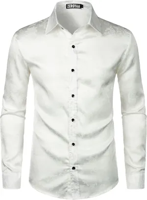 ZEROYAA Men's Hipster Jacquard Long Sleeve Satin Silk Like Button Up Dress Shirts for Party Prom